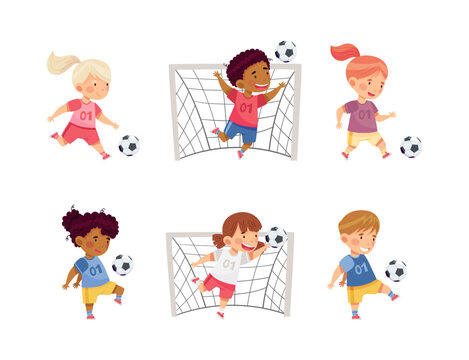 Little Boy and Girl in Sports Shirt and Shorts Playing Football Kicking Ball and Scoring Goal Vector Set