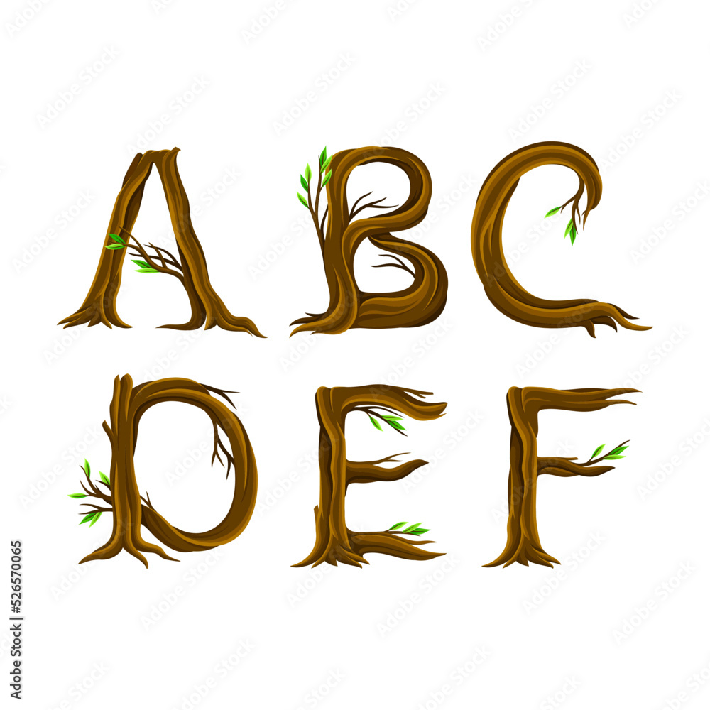 Aufkleber forest alphabet arranged from tree trunk and branches with capital letter symbols vector set