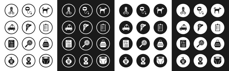 Set Dog, Hair dryer, Pet car taxi, Scissors hairdresser, Grooming salon price list, Retractable cord leash, carry case and icon. Vector