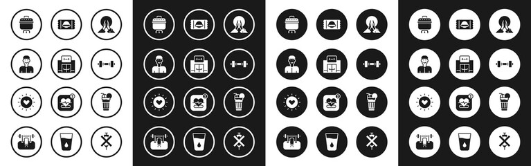 Set Meditation, Gym building, Positive thinking, Cooking pot, Dumbbell, Sports nutrition, Fresh smoothie and Sun icon. Vector