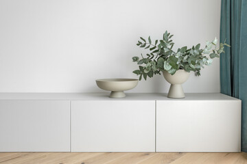 Fototapeta na wymiar Modern minimalist interior design with wooden furniture, oak floor in Scandinavian style. Aesthetic simple interior design concept.