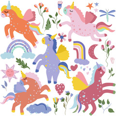 Obraz premium Magical colorful Unicorn with rainbows, sun, butterfly, flowers and other. Fairy horses in different poses. Magical unicorns perfect for greeting cards, postcard, banner.