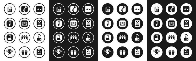 Set Broken flask, Periodic table, Test tube and, Poison in bottle, Chemistry book, Laboratory assistant and icon. Vector
