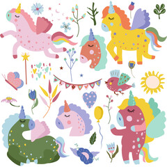 Plakat Cute colorful Unicorn with rainbow the tail, bird, butterfly, flowers and heads horse in cartoon style. Magical horses in different poses. Vector illustration.