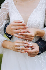 Wedding close-up portrait of the hands and fingers with golden rings of the bride and groom at an outdoor ceremony. Festive photo, idea.