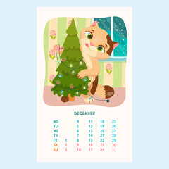 Calendar for 2023 with cute cats. A kitten decorates a Christmas tree for the holiday. Pets. Furry friends. Calendar for December in cartoon style. Vector illustration.