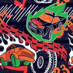 Abstract seamless cars pattern for boy on background. Childish style wheel auto repeated backdrop