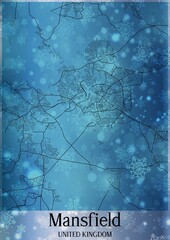 Christmas background, Chirstmas map of Mansfield United Kingdom, greeting card on blue background.