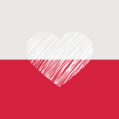 Flaga Polski z białym ręcznie rysowanym sercem. Ilustracja wektorowa.
