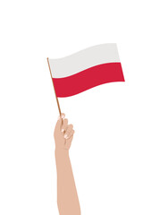 Biało-czerwona flaga w uniesionej dłoni. Flaga Polski. Ilustracja wektorowa.