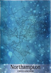 Christmas background, Chirstmas map of Northampton United Kingdom, greeting card on blue background.