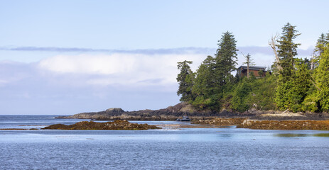 Rugged Rocks on a rocky shore on the West Coast of Pacific Ocean. Summer Morning Sky. Ucluelet, Vancouver Island, British Columbia, Canada. Nature Background