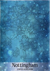 Christmas background, Chirstmas map of Nottingham United Kingdom, greeting card on blue background.