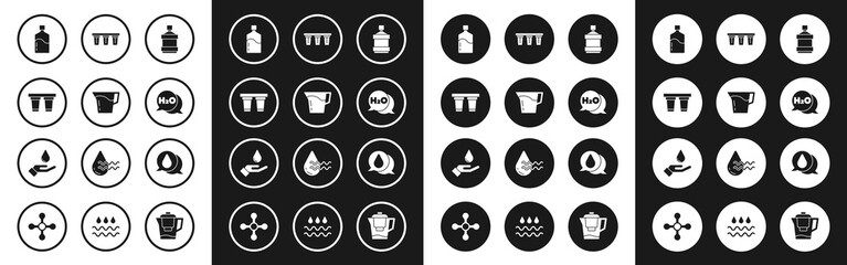 Set Big bottle with clean water, Jug glass, Water filter, Chemical formula for H2O, drop and Washing hands soap icon. Vector