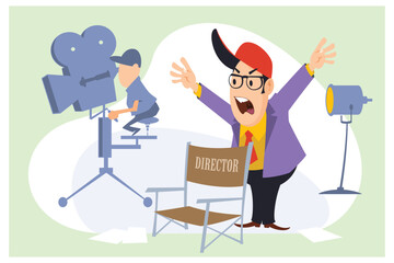 Director screams on set of film. Illustration for internet and mobile website.