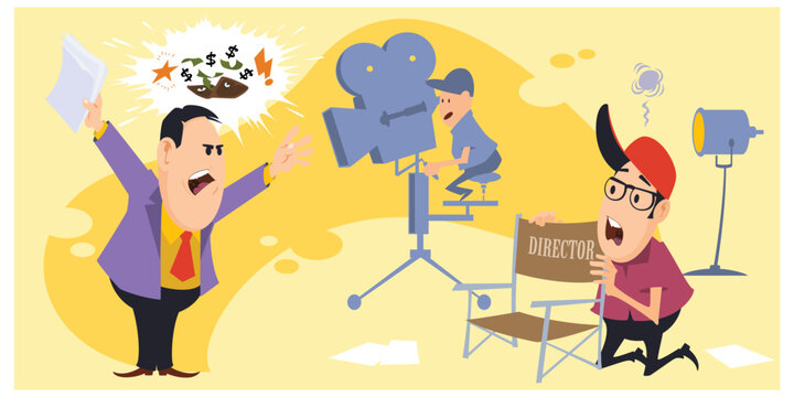 Producer swears at director of film. Illustration for internet and mobile website.