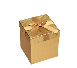 Gold gift box with bow isolated cutout