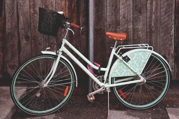 Mint green retro bicycle parked against rustic dark wood wall