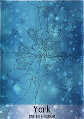 Christmas background, Chirstmas map of York United Kingdom, greeting card on blue background.
