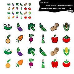 set of flat icons with contour vegetables. contour of different colors. 256x256 pixel perfect, editable stroke, 24 icons.