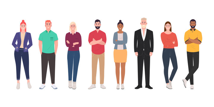 Conjunto de personas. Hombres y mujeres de pie, cuerpo completo. Grupo de personas estilo moderno de dibujos animados