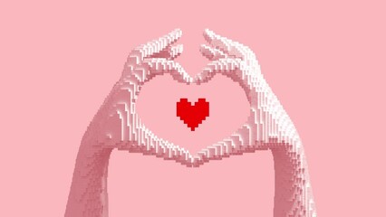 Transformation of a 3D pixel into a digital heart from hands. Seamless looped. NFT concept. 3D animation. 4k.