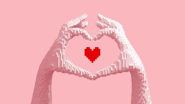 Transformation of a 3D pixel into a digital heart from hands. Seamless looped. NFT concept. 3D animation. 4k.