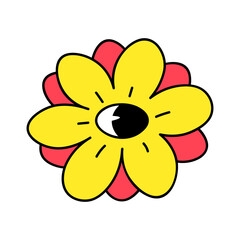 Illustration of psychedelic cute magic flower with eye. Cute trippy Halloween daisy flower creature with eye
