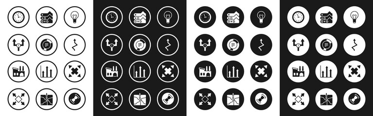 Set Light bulb, Pie chart infographic, Arrow, Clock, Graph, chart, diagram, Many ways directional arrow and Factory icon. Vector