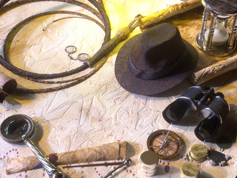 Travel concept around the world, compass, Indiana Jones style hat 3D render