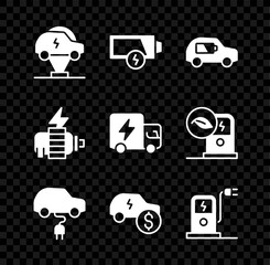Set Electric car, Low battery, price, charging station, motor and truck icon. Vector