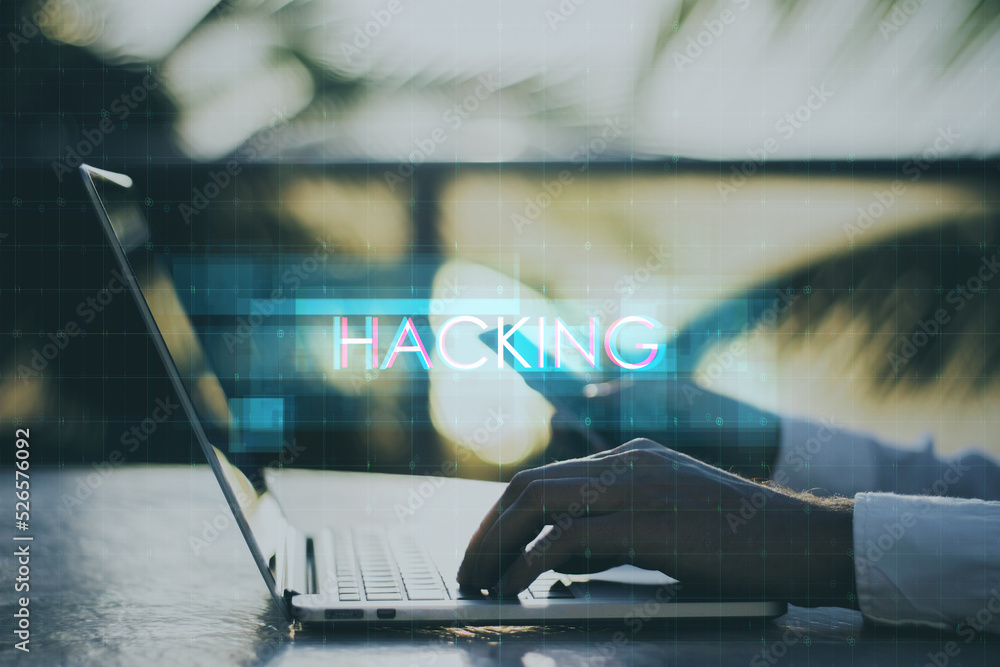 Poster close up of hands using laptop and smartphone with creative digital text hologram on blurry outdoor 