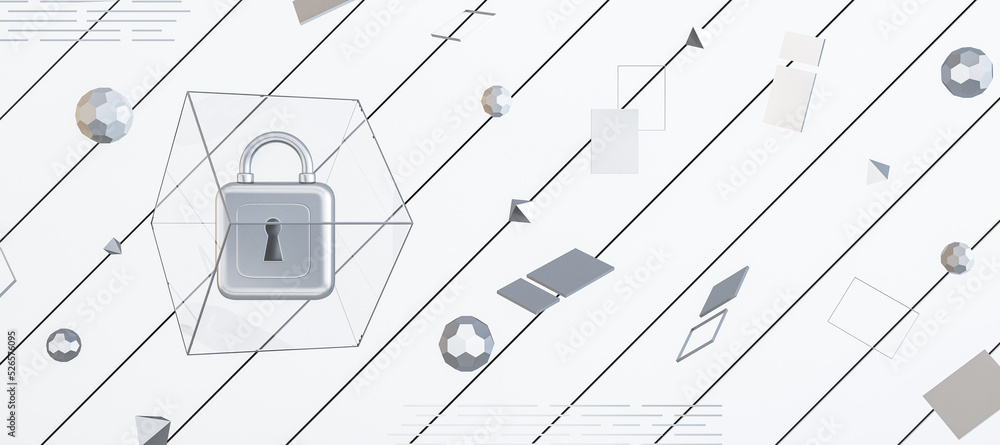 Poster Modern web protection wide white background with padlock and other icons. Secure, safety and web browser concept. 3D Renderin.