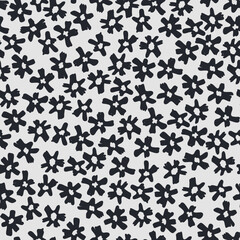 Seamless pattern with hand drawn meadow flowers in Ditzy style. Outlined illustrations on dark background for surface design and other design projects