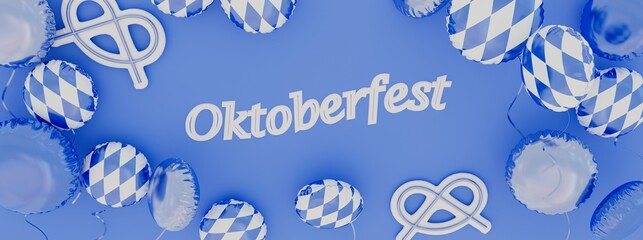 Oktoberfest banner, illustration of a festival scene with balloons in the typical Bavarian colors: blue and white, 3D render - 526576626