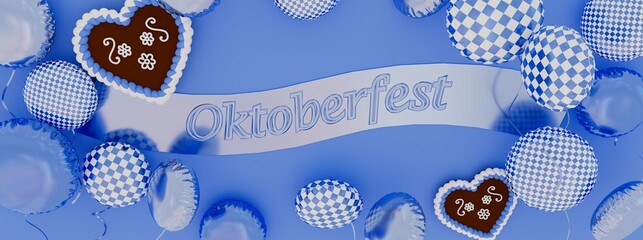 Oktoberfest banner, illustration of a festival scene with balloons in the typical Bavarian colors: blue and white, 3D render - 526576627
