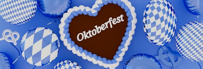 Oktoberfest banner, illustration of a festival scene with balloons in the typical Bavarian colors: blue and white, 3D render - 526576628