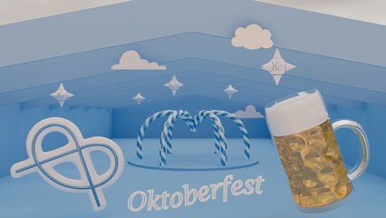 Oktoberfest 3D illustration, 3D render, festival scene with beer and pretzel in the typical bavarian colors: blue and white - 526576629