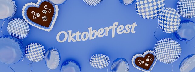 Oktoberfest banner, illustration of a festival scene with balloons in the typical Bavarian colors: blue and white, 3D render - 526576630