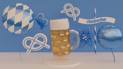 Oktoberfest 3D illustration, 3D render, festival scene with beer and pretzel in the typical bavarian colors: blue and white - 526576631