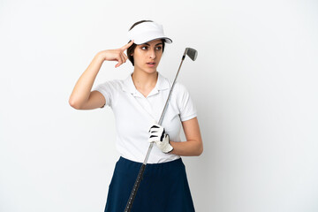 Handsome young golfer player woman isolated on white background having doubts and thinking