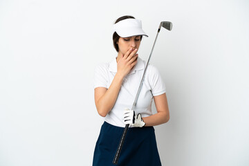Handsome young golfer player woman isolated on white background having doubts