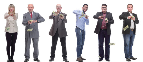 Fototapeta na wymiar group of successful people holding money in hand isolated