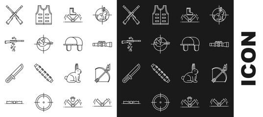 Set line Trap hunting, Bow and fire arrow, Sniper optical sight, Hunt on duck with crosshairs, Gun shooting, Two crossed shotguns and Hunter hat icon. Vector