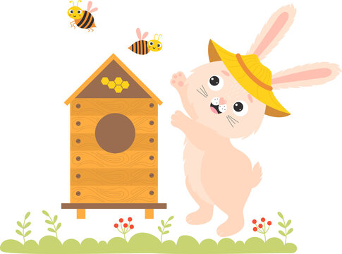 Bunny beekeeper with beehive and bees
