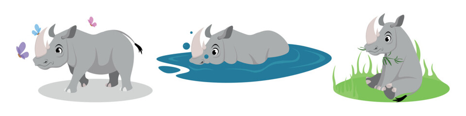 Vector illustration of cute and beautiful rhinos on white background. Charming characters in different poses walking, swimming, sitting and eating grass in cartoon style.