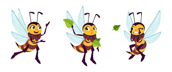 Vector illustration of a cute and beautiful bumblebee on white background. Charming characters in different poses joyful, throwing off leaves, frightened in cartoon style.