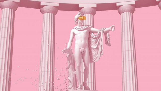 Digital disintegration of sculpture Apollo on pink background. 4K. 3840x2160. 3D animation.