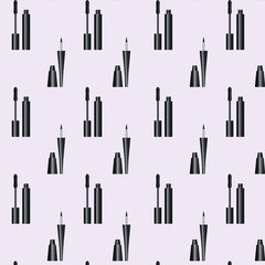 Vector fashion red seamless pattern. Hand drawn fashion illustration with cosmetics, mascara and eyliner.