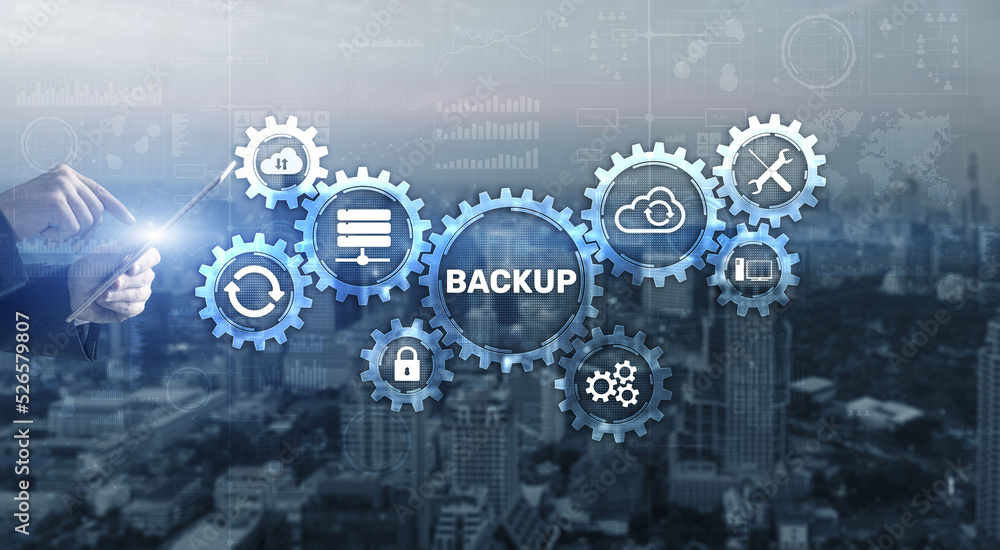 Poster backup data recovery cybersecurity. mixed media technology concept